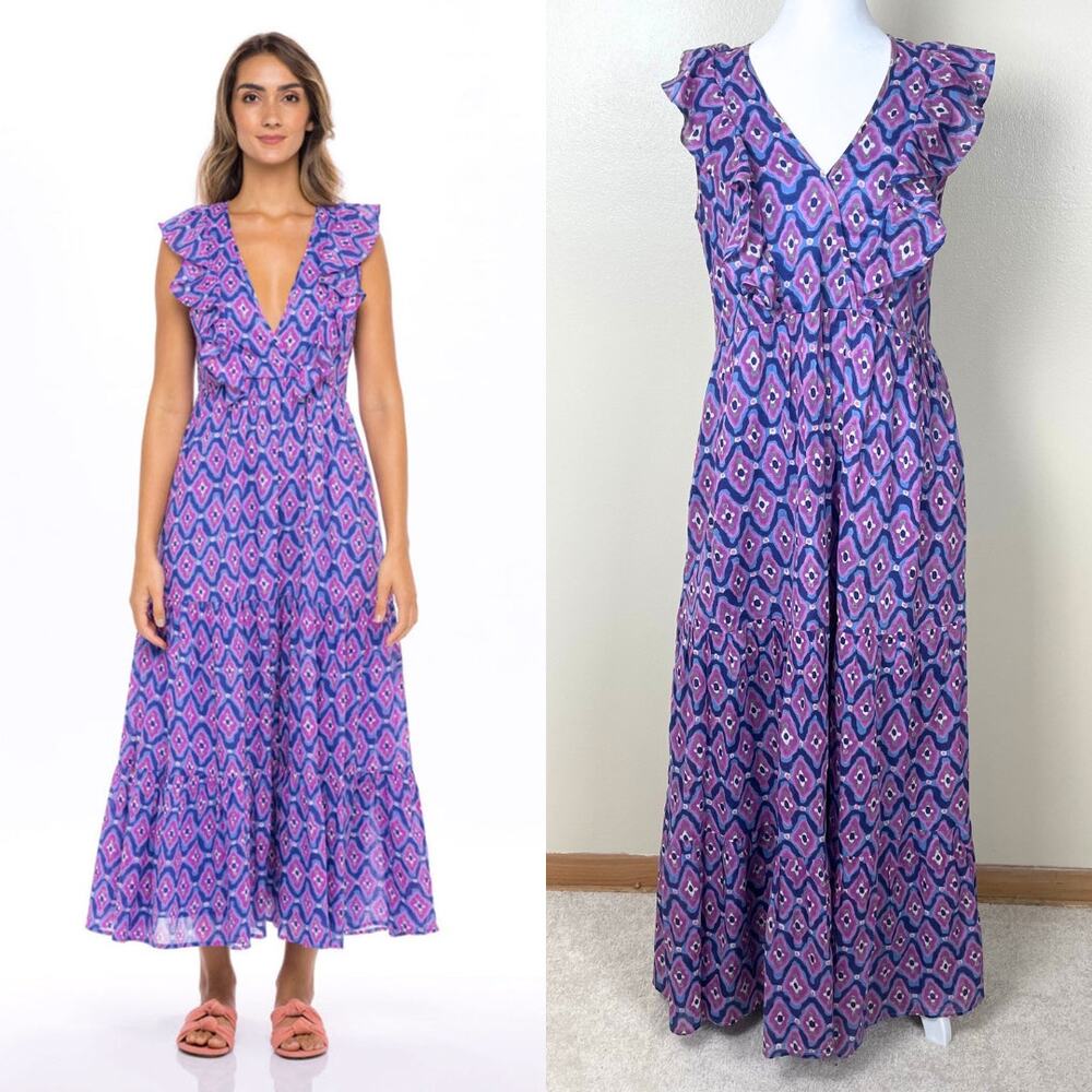 Banjanan Orion Dress Womens M Purple Blue Surreal Dream Granada Maxi V-Neck